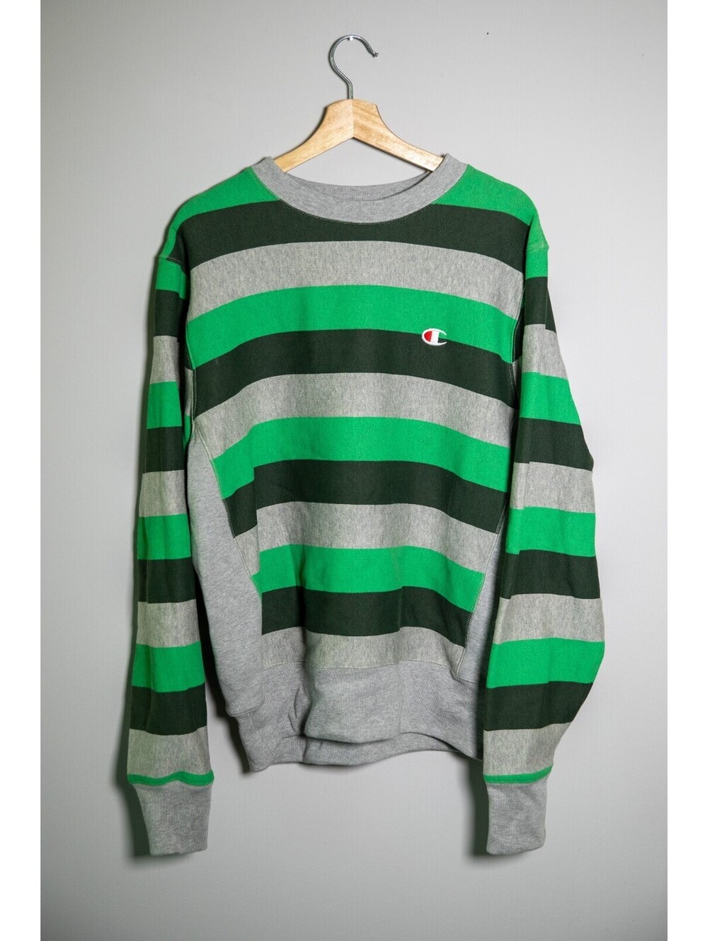 Champion Reverse Weave Crewneck Sweatshirt Green Gray Stripes - Men's M